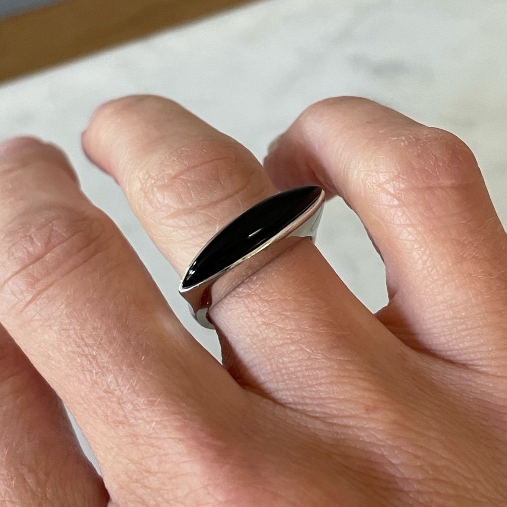 Sterling Silver Marquise Black Onyx Ring - Polished Black Stone